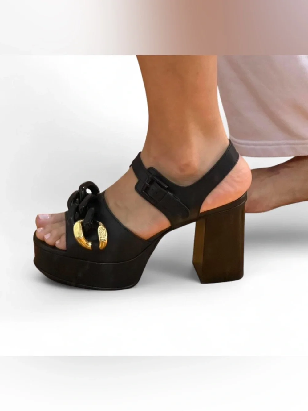 See By Chloe Black Leather Platform Sandals with Gold Accent